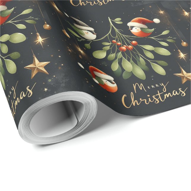 Papier Cadeau Joyeux Noël Mistletoe Père Noël Robin (Coin rond)
