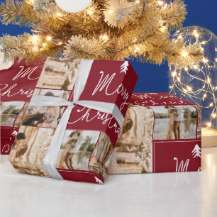 Papier Cadeau Joyeux Noël moderne 5 photos collage grille rouge