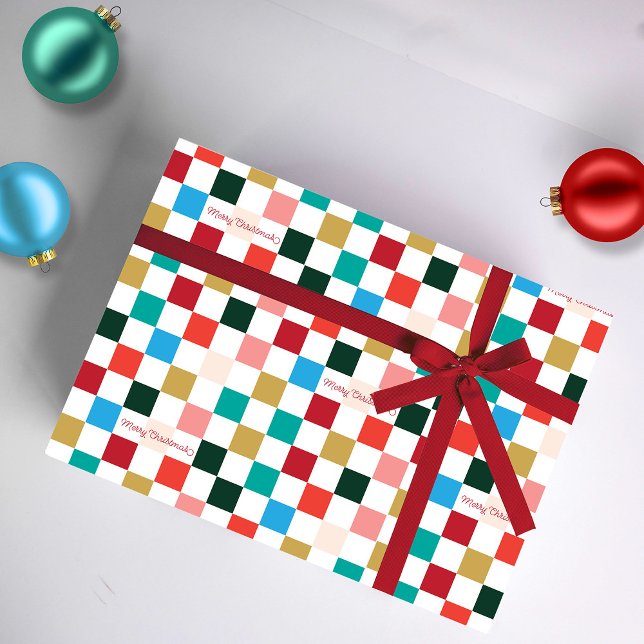 Papier Cadeau Joyeux Noël moderne tableau coloré (Modern Colorful Checkerboard Pattern Merry Christmas Script Type Holiday GIft Wrapping Paper)