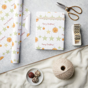 Papier Cadeau Joyeux Noël Motif Élégant Oranges et Étoiles