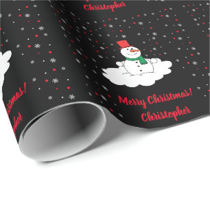 Papier Cadeau Joyeux Noël Neige Snowman Snowflakes Noir