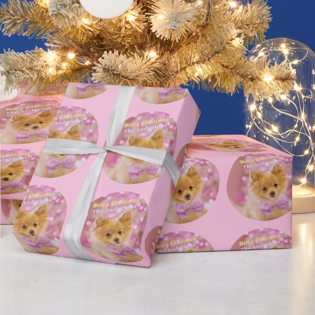 Papier Cadeau Joyeux Noël & Nom, mignon chien, rose pâle (Vacances)
