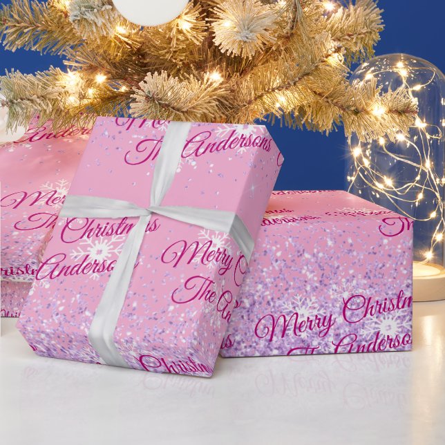 Papier Cadeau Joyeux Noël, Noms, Script Fuchsia, Parties scintil (Vacances)