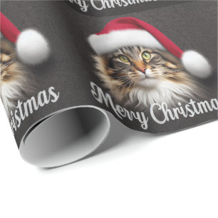 Papier Cadeau Joyeux Noël Norvégien Chat Forêt, Père Noël Kitty
