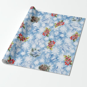 Papier Cadeau Joyeux Noël Paix & Joie Flocon de Neige Bleu