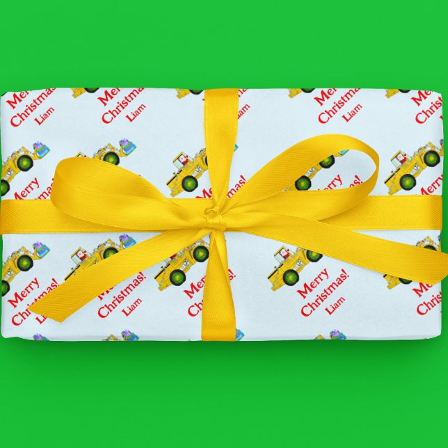 Papier Cadeau Joyeux Noël Père Noël En Bulldozer Livrant Cadeau (Bulldozer Santa brings gifts! Wrap presents, spark child's joy with personalized cheer.)