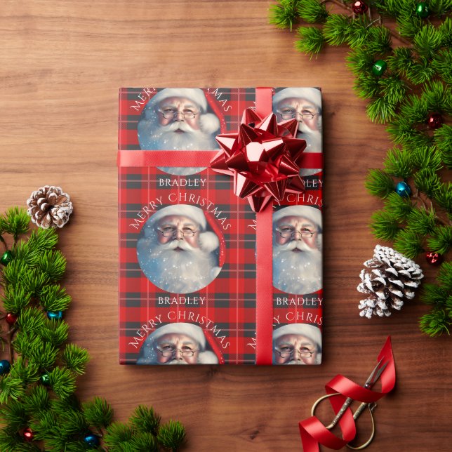 Papier Cadeau Joyeux Noël Père Noël Rouge Plaid Nom personnalisé (Cadeau de vacances)