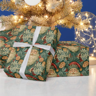 Papier Cadeau Joyeux Noël Père Noël style William Morris