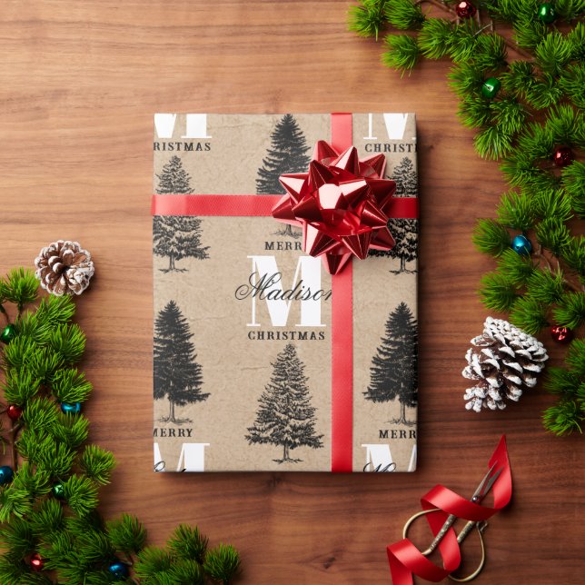 Papier Cadeau Joyeux Noël personnalisé Kraft Vintage Monogramme (Cadeau de vacances)