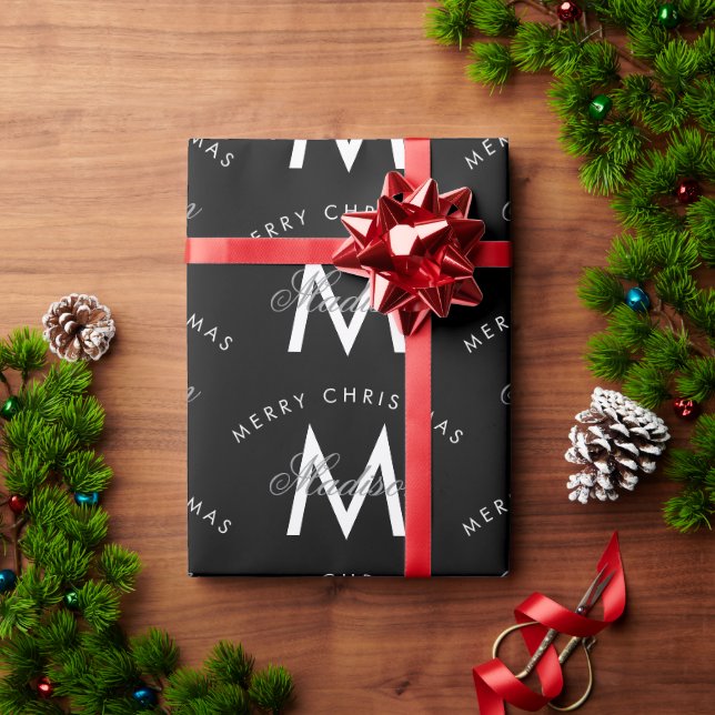Papier Cadeau Joyeux Noël personnalisé Monogramme noir (Cadeau de vacances)