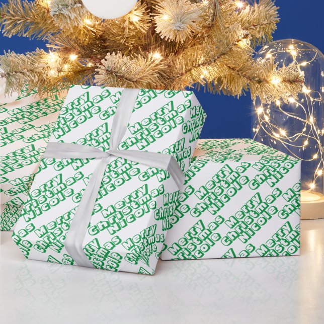 Papier Cadeau Joyeux Noël personnalisé Nom blanc et vert (Vacances)