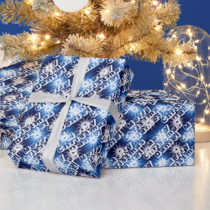Papier Cadeau Joyeux Noël personnalisé Nom Snowflakes Bleu