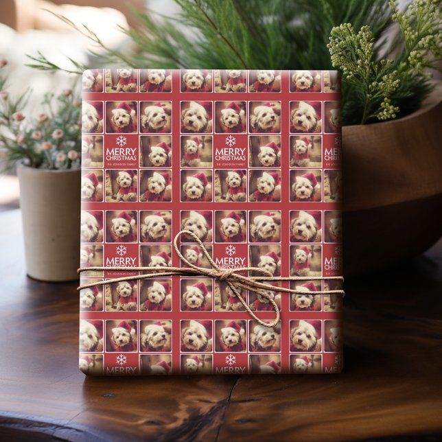 Papier Cadeau Joyeux Noël Photo Collage Rouge Blanc (Personalized Photo Wrapping Paper)