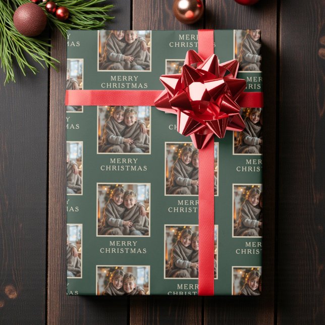 Papier Cadeau Joyeux Noël Photo de vacances Vert (Créateur téléchargé)