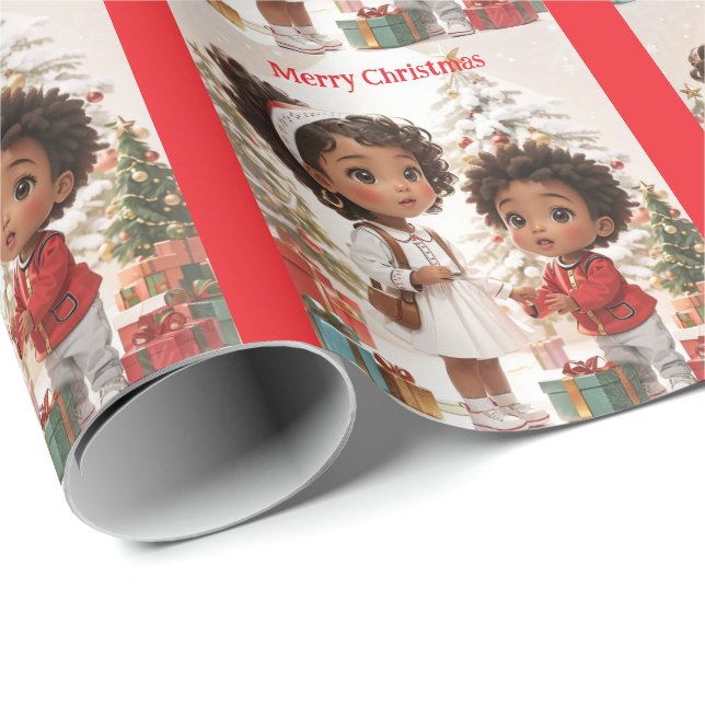 Papier Cadeau Joyeux Noël pour les enfants afro-américains (Coin rond)