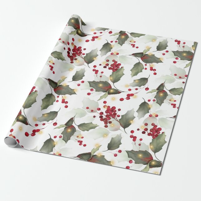 Papier Cadeau Joyeux Noël Red Holly Berries Gold Lights (Déroulé)