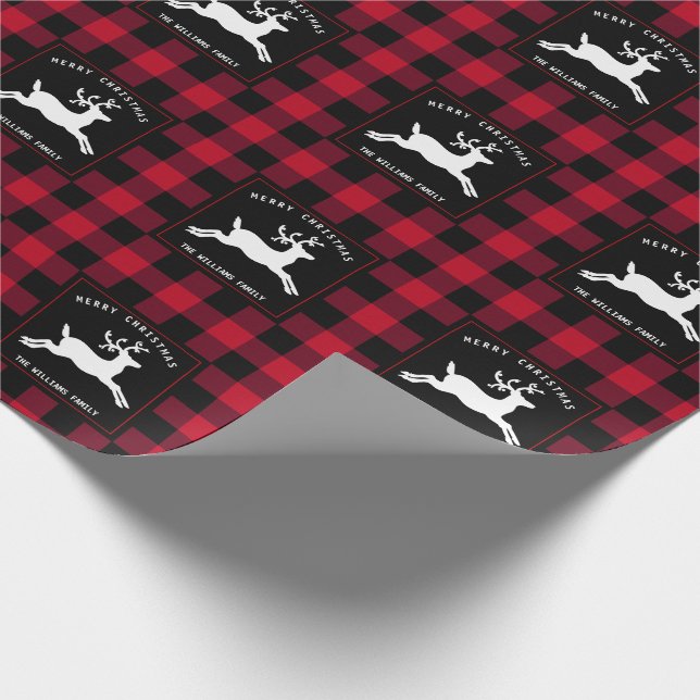 Papier Cadeau Joyeux Noël Reindeer Rouge Black Buffalo Check (Coin)