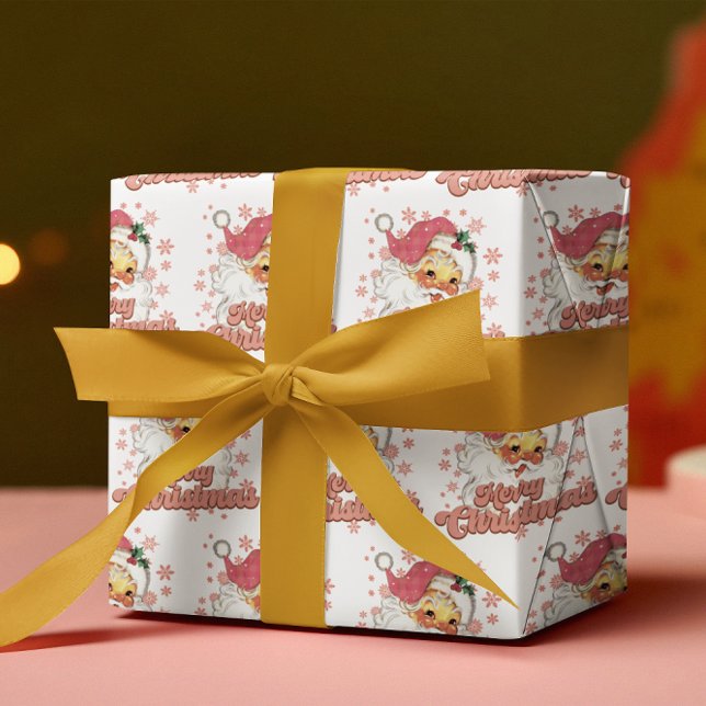 Papier Cadeau Joyeux Noël Retro Typographie Père Noël Pink Casqu (Créateur téléchargé)