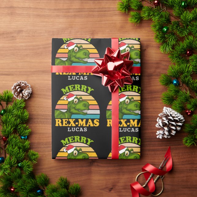 Papier Cadeau Joyeux Noël Rex-mas Dinosaur Nom personnalisé (Cadeau de vacances)