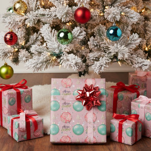 Papier Cadeau Joyeux Noël rose et ornements Turquoises Motif