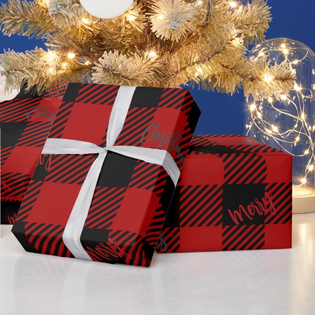 Papier Cadeau Joyeux Noël Rouge Buffle Noir Plaid (Vacances)