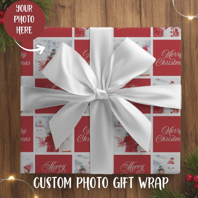 Papier Cadeau Joyeux Noël Rouge Et Blanc Fête Photo Personnalisé (Red And White Merry Christmas Custom Photo Holiday Wrapping Paper)
