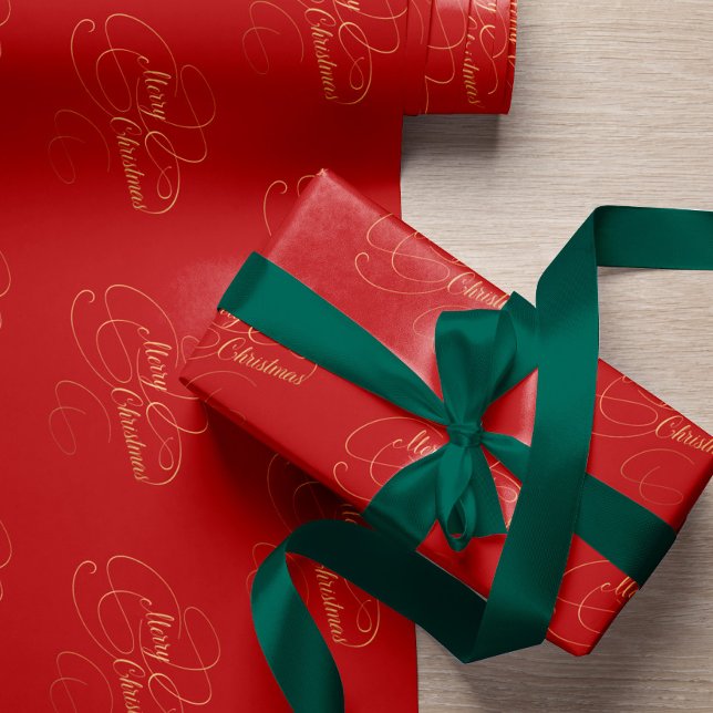 Papier Cadeau Joyeux Noël rouge et or élégant script (Créateur téléchargé)