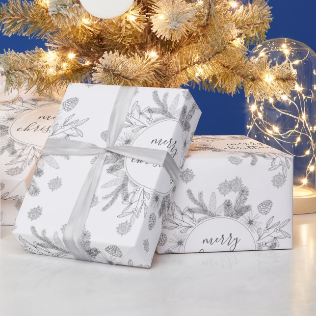 Papier Cadeau Joyeux Noël rustique branches de pin et de houx  (Vacances)
