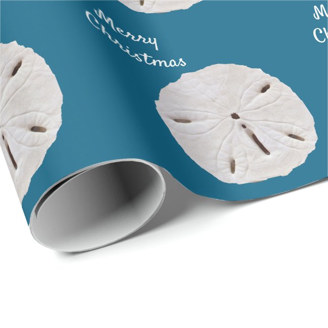 Papier Cadeau Joyeux Noël Sanddollar Ocean Blue Beach 2025 (Coin rond)