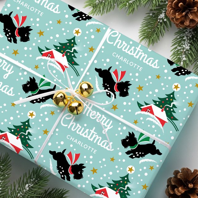 Papier Cadeau Joyeux Noël Scottie Chien Snow Fun Name Mint (Créateur téléchargé)