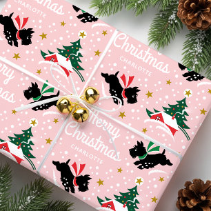 Papier Cadeau Joyeux Noël Scottie Chien Snow Fun Name Rose