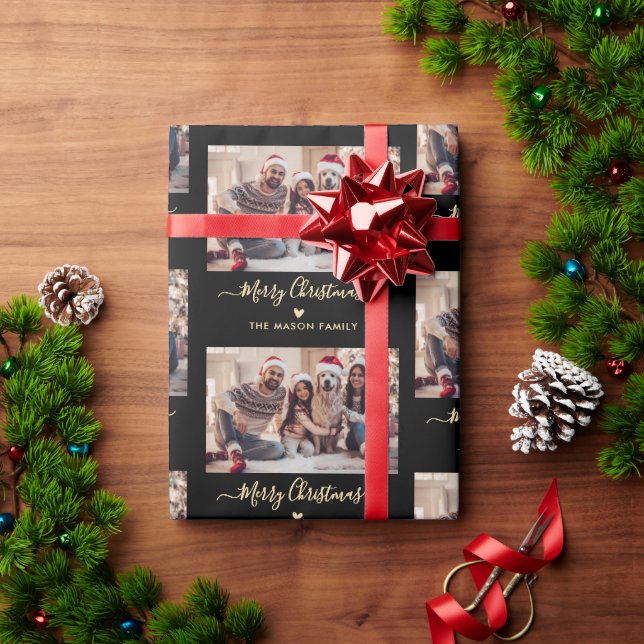 Papier Cadeau Joyeux Noël Script Black Gold Photo Collage (Cadeau de vacances)