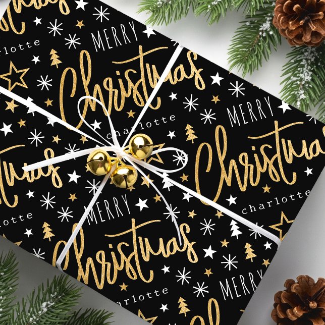 Papier Cadeau Joyeux Noël Script Custom Name Black Faux Gold (Créateur téléchargé)