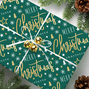 Papier Cadeau Joyeux Noël Script Custom Name Green Faux Gold