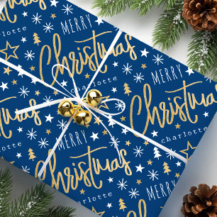 Papier Cadeau Joyeux Noël Script Nom personnalisé Blue Faux Gold