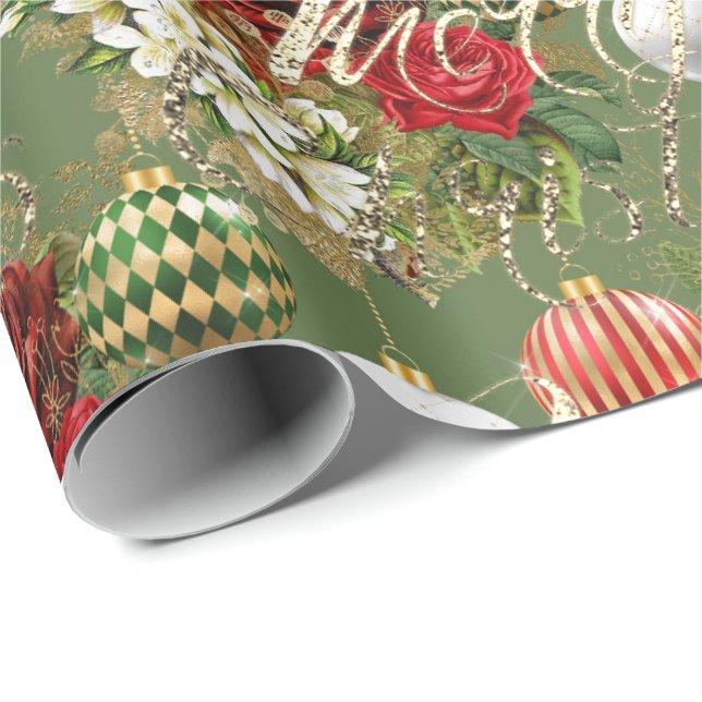 Papier Cadeau Joyeux Noël Script Rose Gold Classic Red Green (Coin rond)