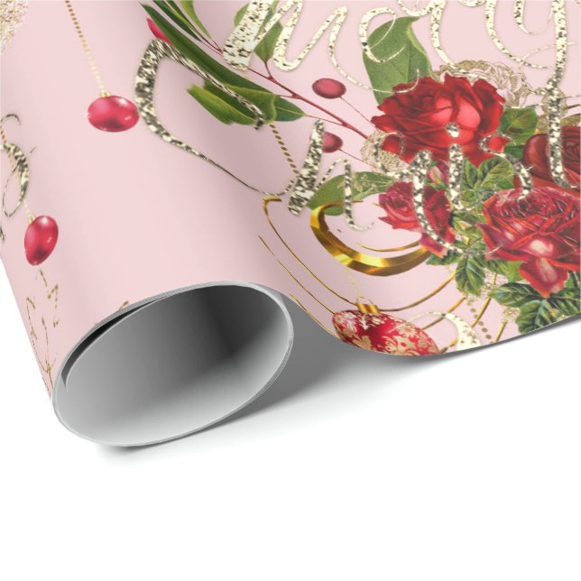 Papier Cadeau Joyeux Noël Script Rose or rose menthe vert (Coin rond)