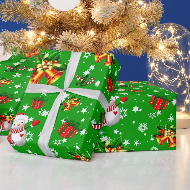 Papier Cadeau Joyeux Noël Snowman Christmas Bells Star Green (Vacances)