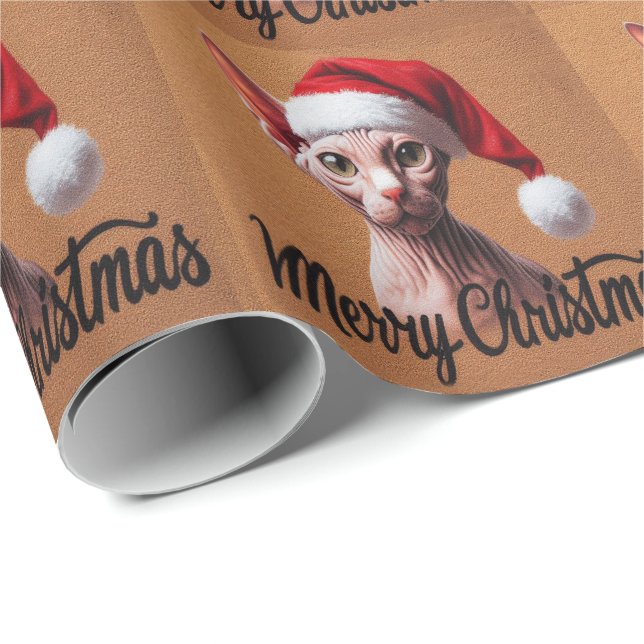 Papier Cadeau Joyeux Noël Sphynx Chat, Xmas Père Noël Sphynx (Coin rond)