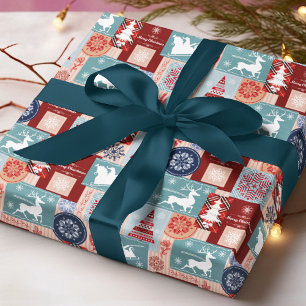 Papier Cadeau Joyeux Noël Tartan Patchwork Bleu Rouge