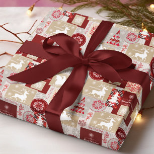 Papier Cadeau Joyeux Noël Tartan Patchwork Rouge Or Argent