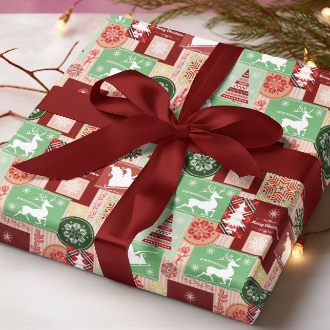 Papier Cadeau Joyeux Noël Tartan Patchwork Rouge Vert (Créateur téléchargé)