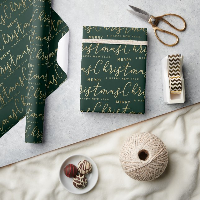 Papier Cadeau Joyeux Noël Texte Élégant Vert et Or (Artisanat)