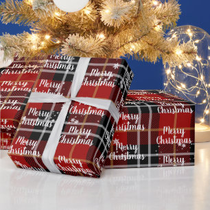 Papier Cadeau Joyeux Noël Texte en flocons de neige sur tartan
