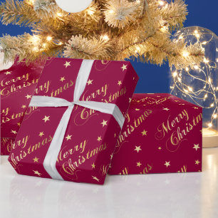 Papier Cadeau Joyeux Noël Tons Dorés Étoiles Élégant Bourgogne