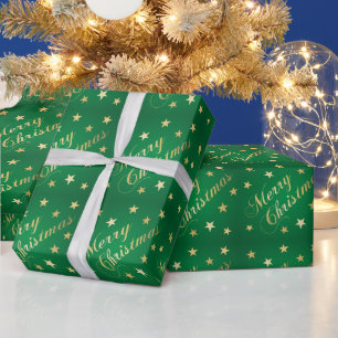 Papier Cadeau Joyeux Noël Tons Dorés Étoiles Vert Élégant