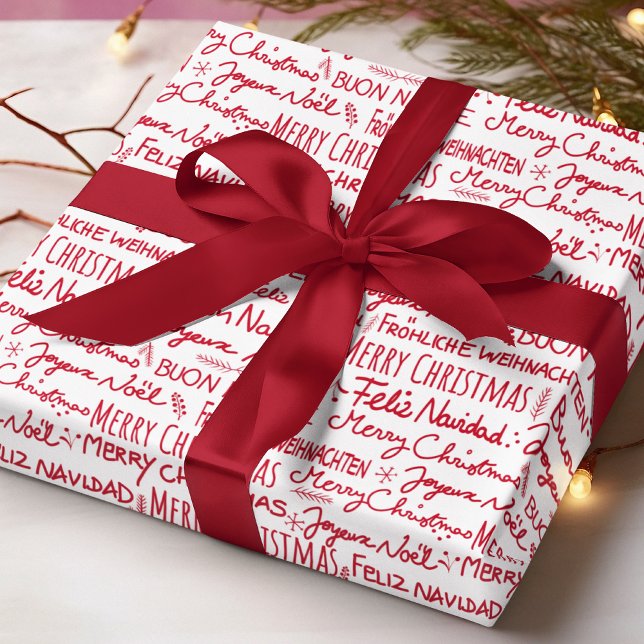 Papier Cadeau Joyeux Noël Typographie Rouge Multilingue (Créateur téléchargé)