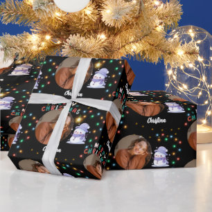 Papier Cadeau Joyeux Noël un cercle photo et nom bonhomme de nei