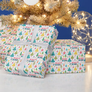 Papier Cadeau Joyeux Noël vert, rose et jaune et brillant