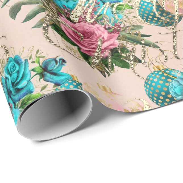 Papier Cadeau Joyeux Noël Vieux Script Rose Rose rose vert (Coin rond)